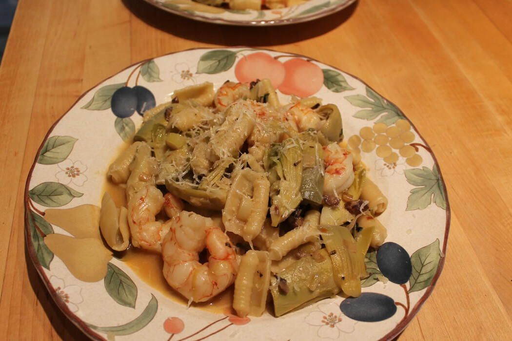 shrimp, artichokes, and pasta