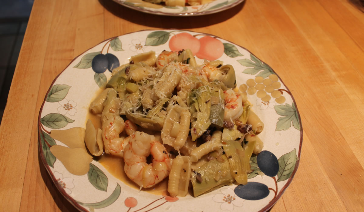 shrimp, artichokes, and pasta