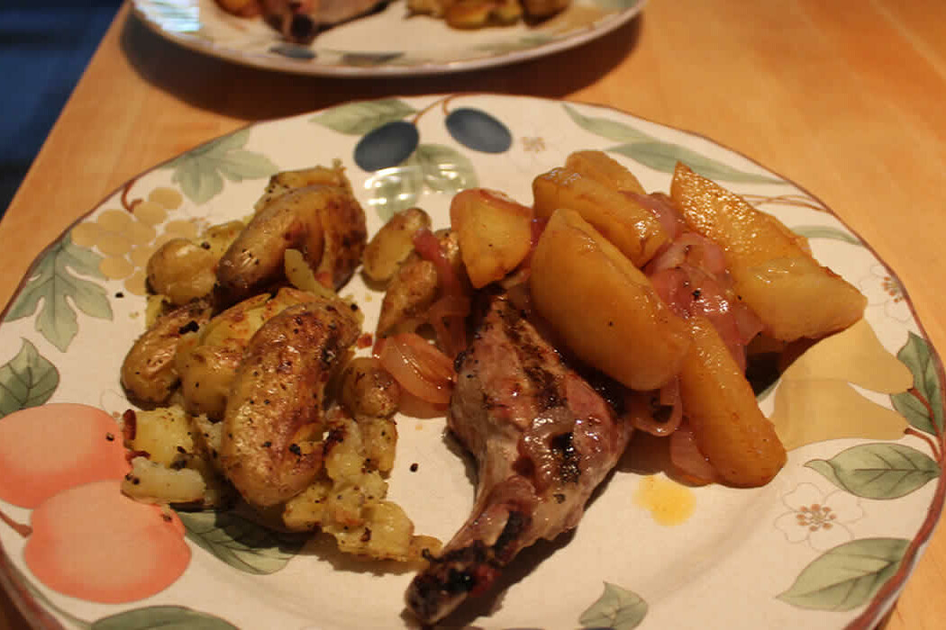 pork chops, apples, and onions