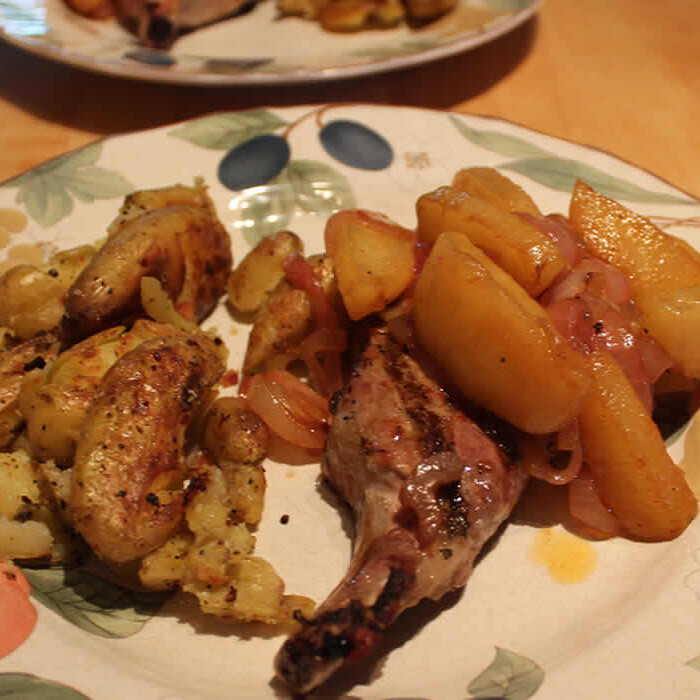 pork chops, apples, and onions