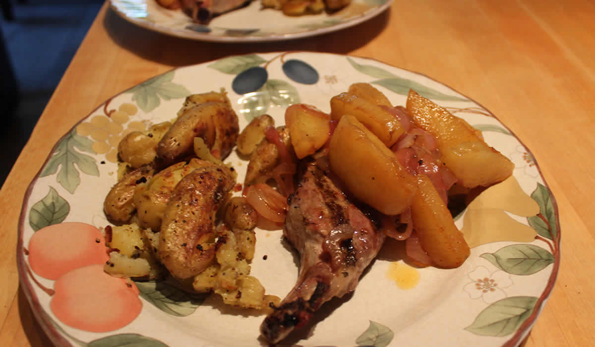 pork chops, apples, and onions