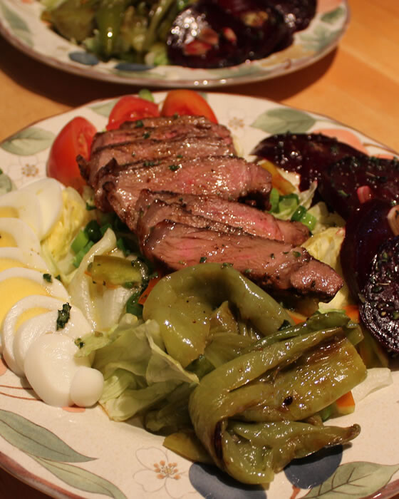 salads with steaks, beets, and peppers.